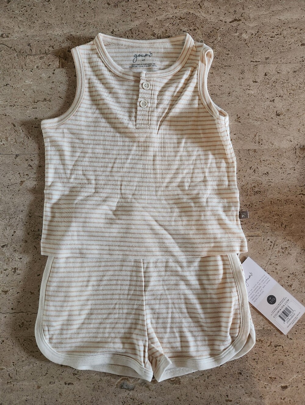 Goumi Kids Cream & Tan Striped Tank Top and Shorts 4T Set